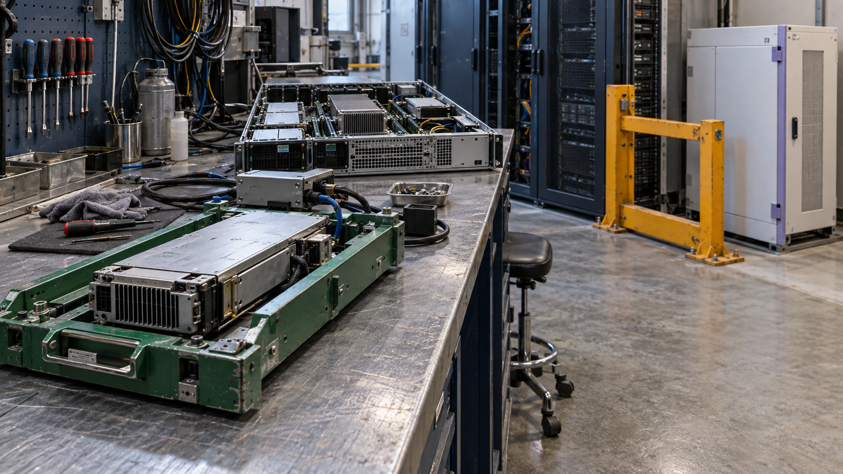 Dokumentarische Server-Werkbank: Eine breite smaragdgrüne Aufnahme markiert den automatischen Rückweg zum vorigen Paket, während eine amberfarbene Sperre den Weg vor einem getrennten Datenbankgehäuse beendet; dahinter steht ein lavendel markierter Backupkoffer bereit.
