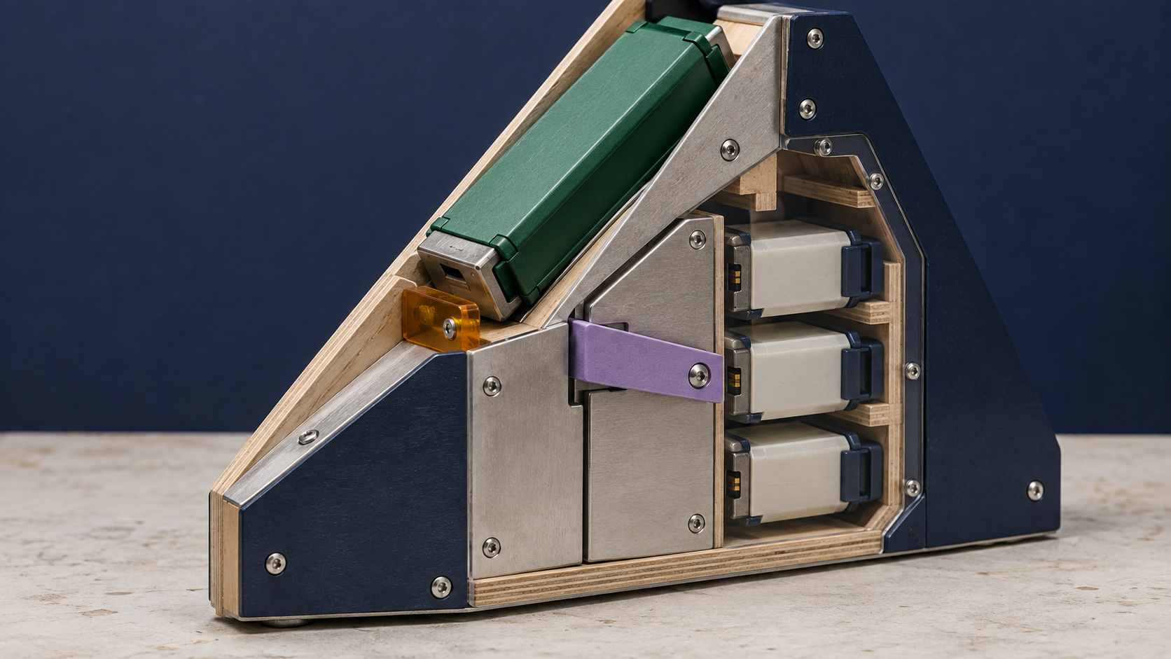 Material-Cutaway eines mechanischen Modellwählers: Ein breiter smaragdgrüner Einsatz endet an einer amberfarbenen Sperre; ein lavendelfarbener Verriegelungskeil hält den Zugang zu mehreren Navy- und Off-White-Ersatzkassetten geschlossen.
