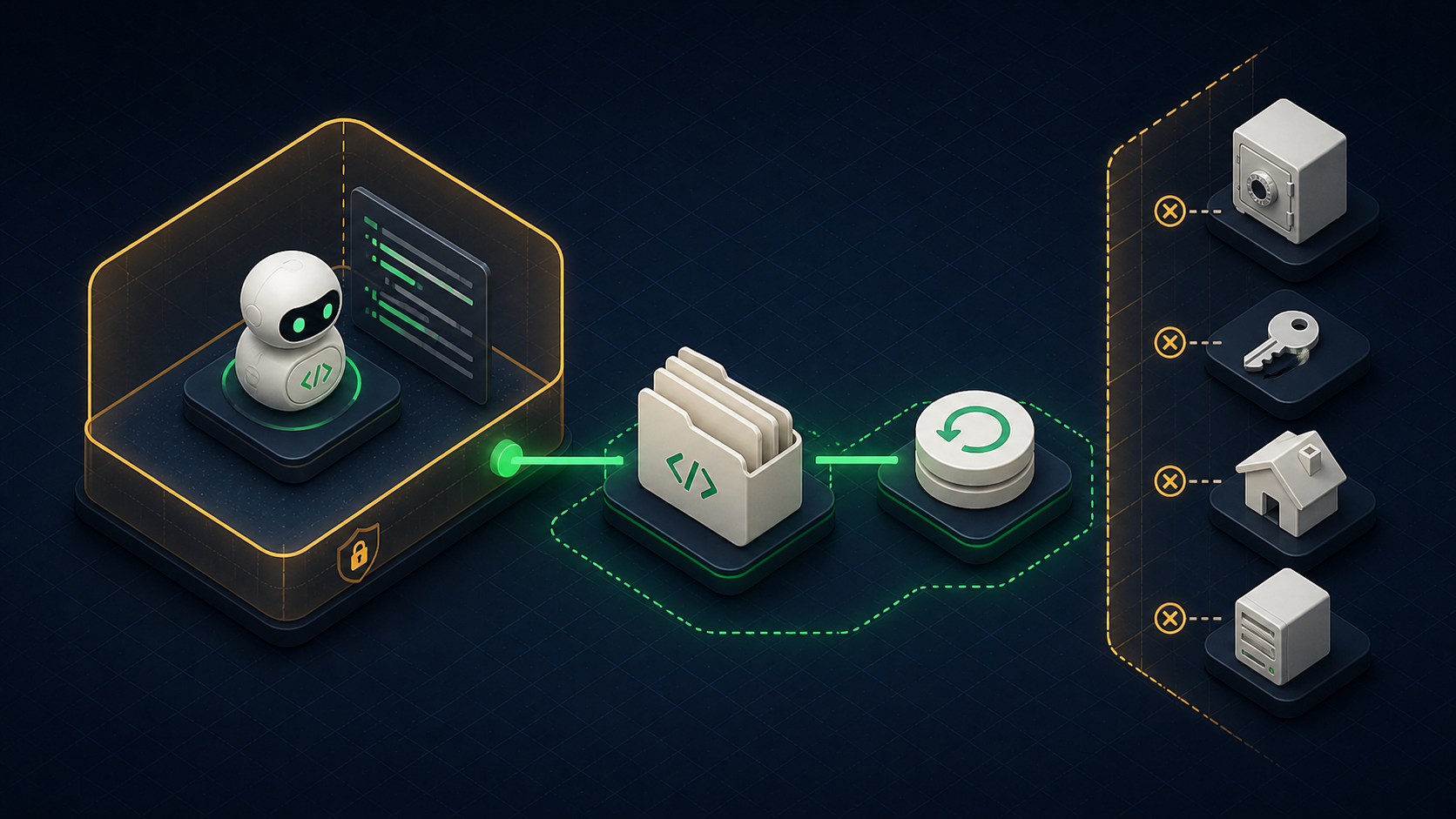 Sicherheitsdiagramm: ein Coding-Agent arbeitet in einem abgegrenzten Nutzerbereich und teilt nur ein Projektverzeichnis; ein Snapshot ermöglicht Rückrollen.