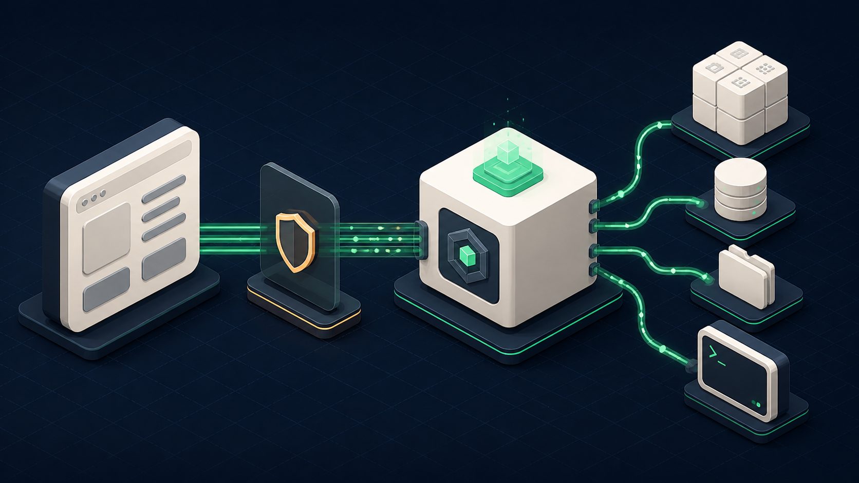 Architekturdiagramm: eine Anwendung verbindet sich über einen kontrollierten Übergang mit einer Coding-Agenten-Laufzeit und ausgewählten Werkzeugen.